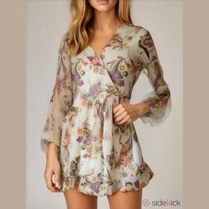 Band Of Gypsies Sheer Floral Romper In Cream And Multicolor Size Small